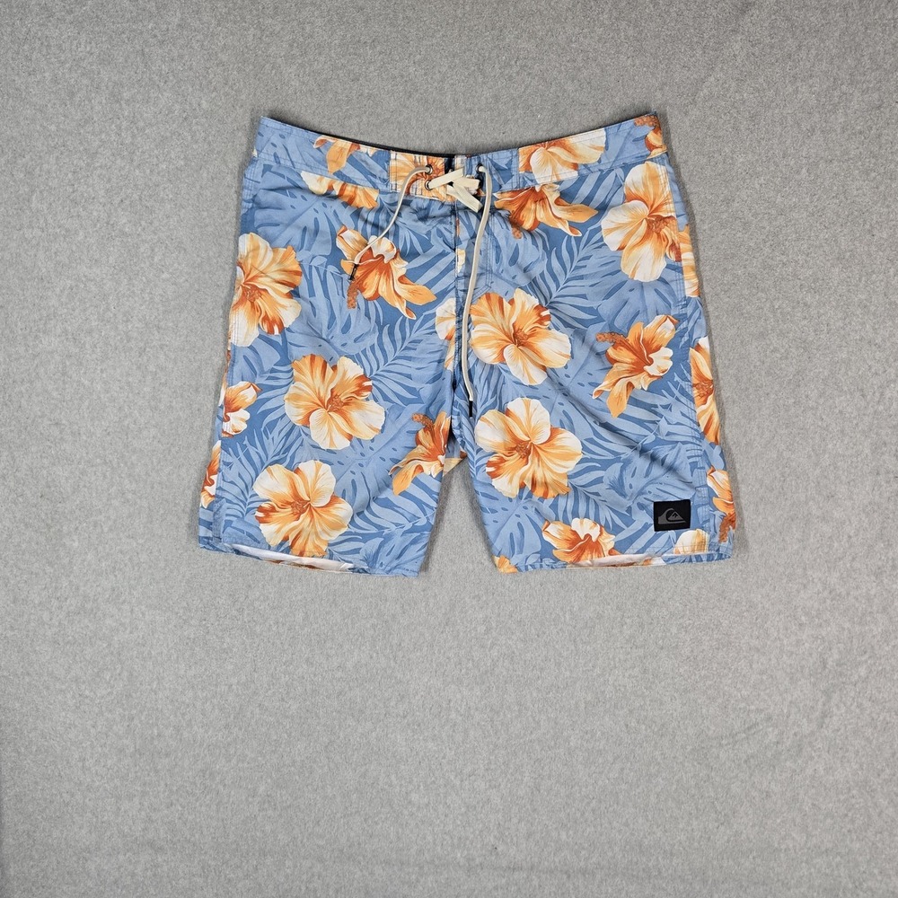 Quiksilver Men Swimwear 34 Blue Boardshorts Floral Print Hawaiian Button Logo